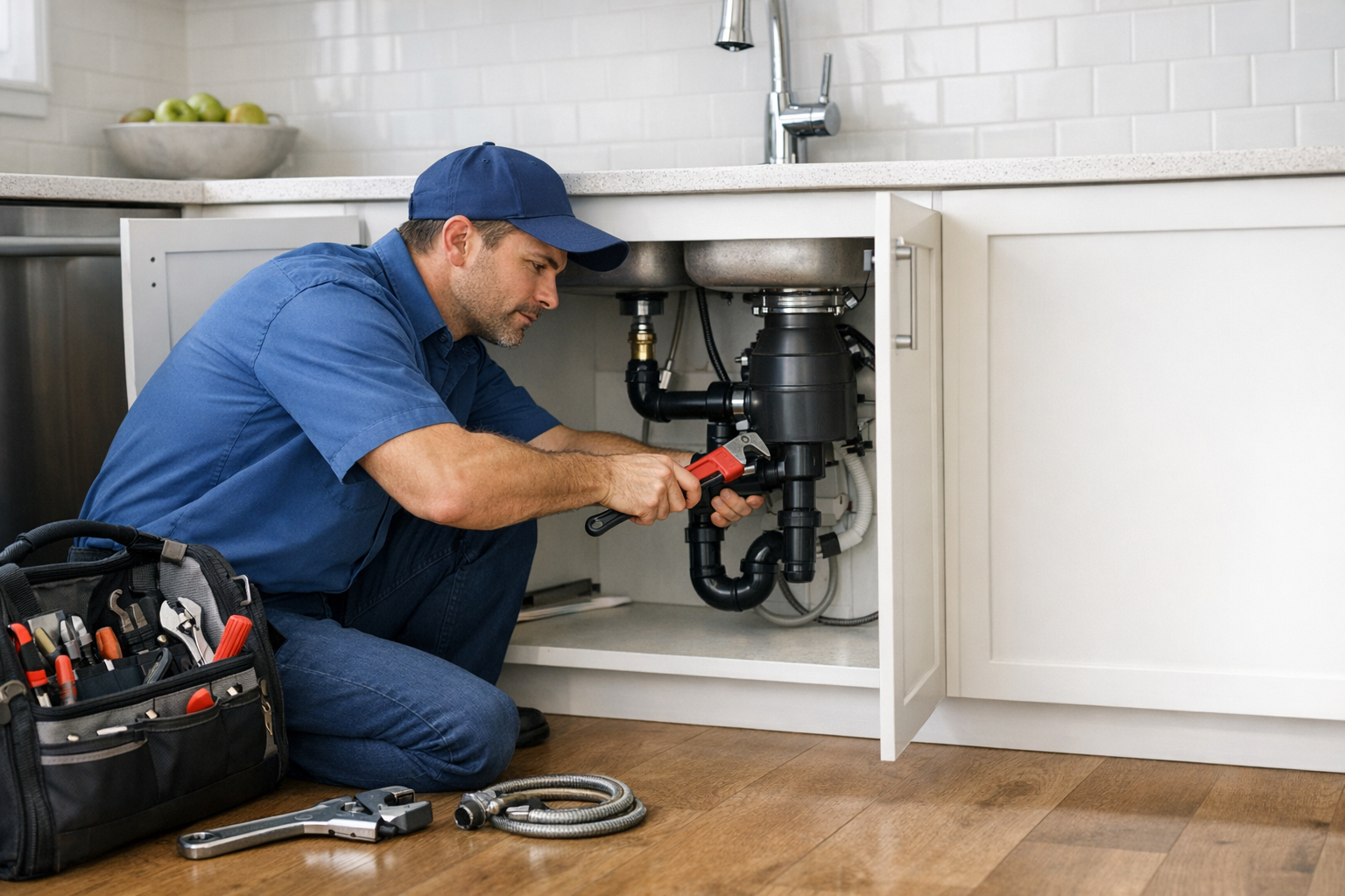 Сантехник проверяет подключение водонагревателя